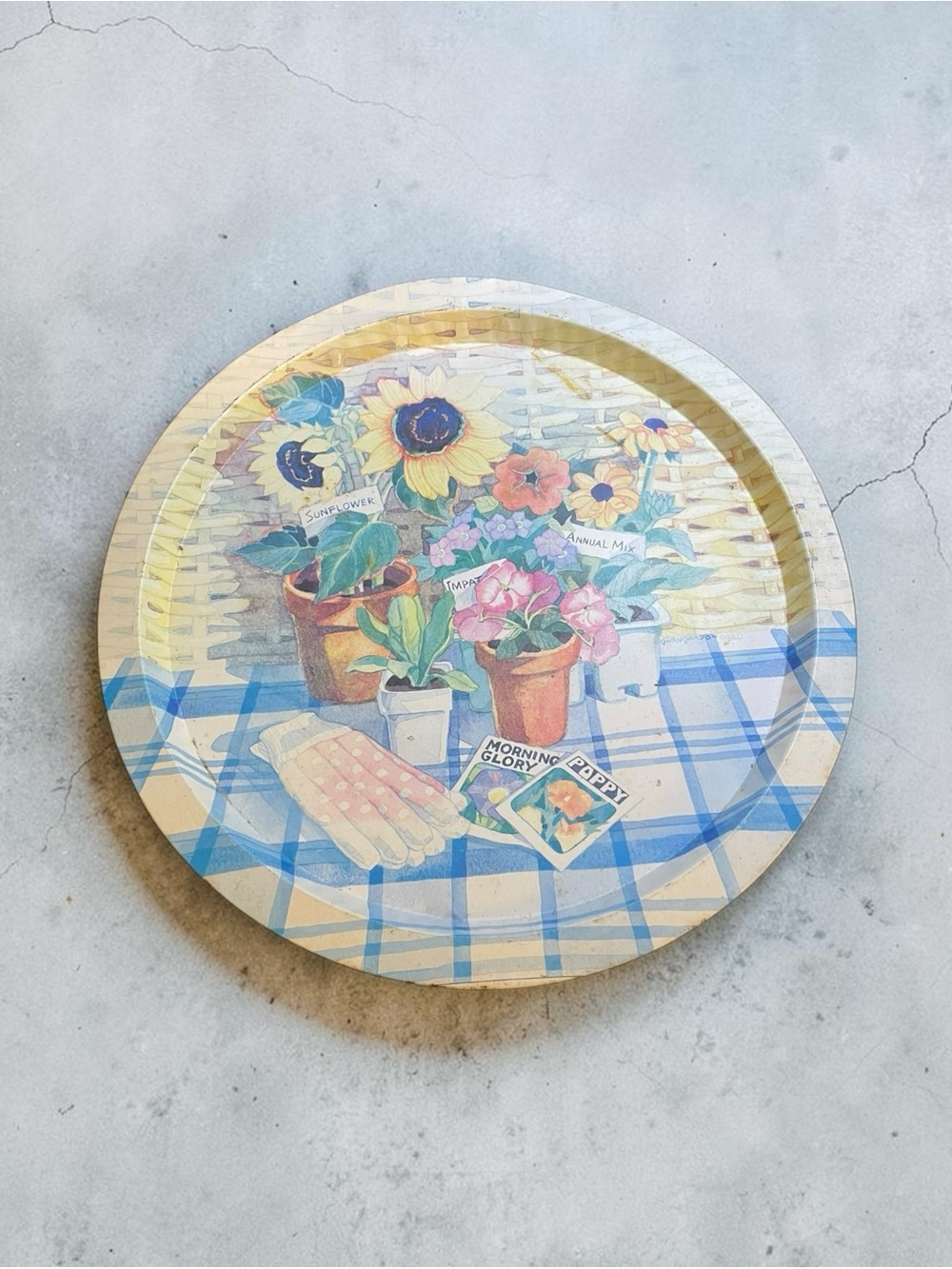 Vintage Metal Serving Tray 13” Floral Garden Seed Packets Cottagecore